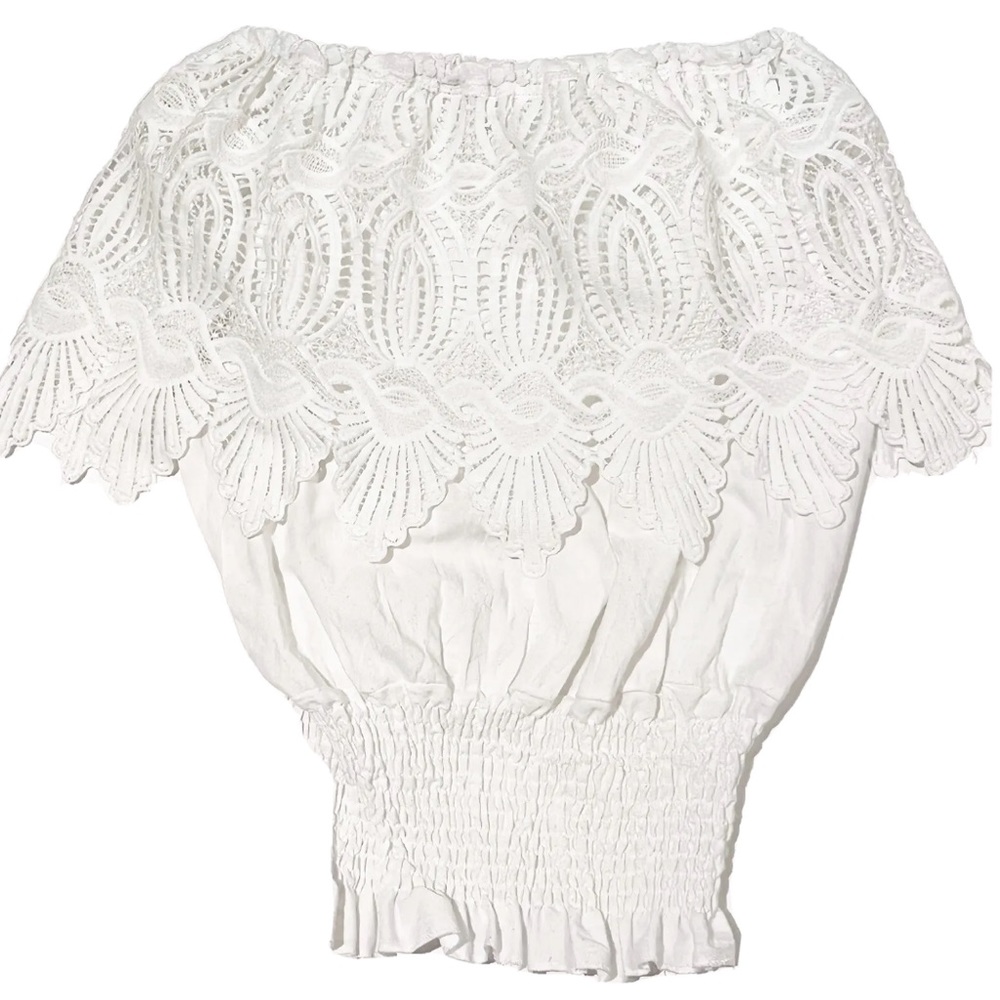 White Lace Off the Shoulder Top Beach Summer Elegant Elastic Capri Boho Coastal